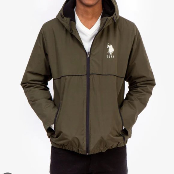 U.S. Polo Assn. Mens Zip Up Green Logo Windbreaker Hooded Jacket - Picture 1 of 6